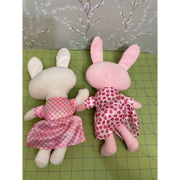 Happy Go Fluffy White & Pink Easter Bunny Rabbit Plush Stuffed Satin 11” Set Lot - Picture 4 of 9